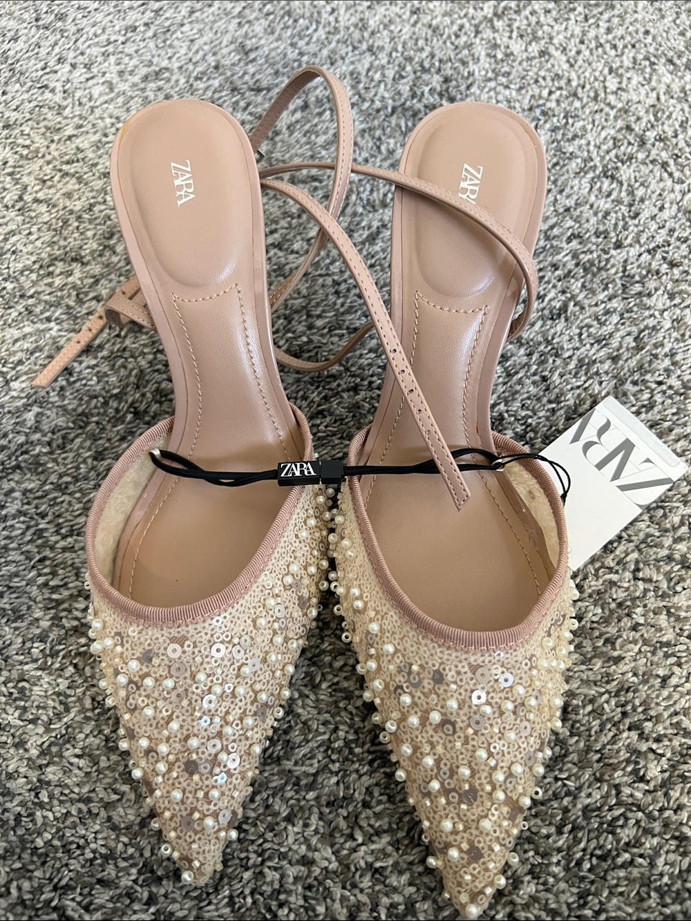 Zara Blush Sequin & Pearl Pointed Slingback Heels - Picture 4 of 6